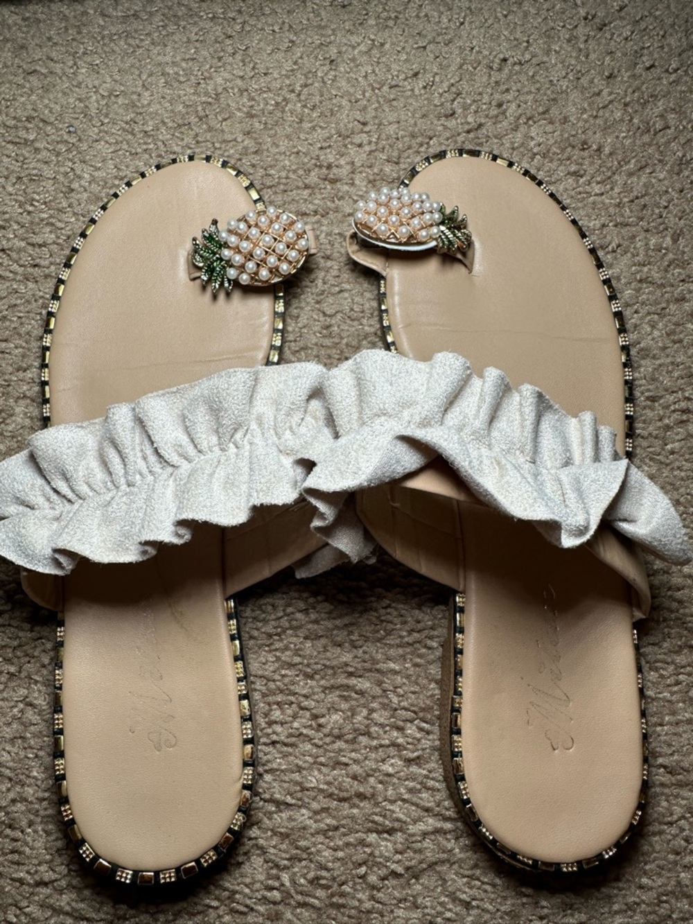 Beige Ruffle Slide Sandals with Pearl Pineapple Accent